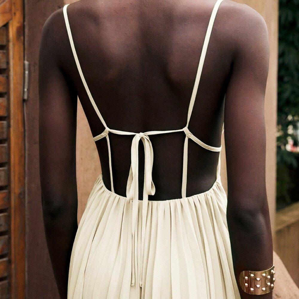 Beige Sexy Women's Loose Design Linen-Color Shirt Collar Pleated Midi Dress - Picture 9 of 9